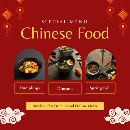 Kollaasi, jossa on monipuolista kiinalaista ruokaa punaisella Instagram Design Template