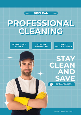 Cleaning Service Ad with Man in Uniform Poster Design Template
