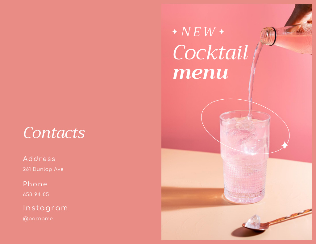 New Cocktail with Pink Beverage in Glass Brochure 8.5x11in Bi-fold Design Template