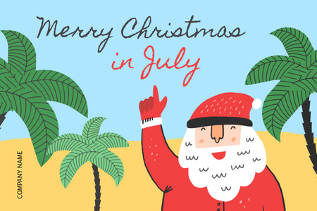 Merry Christmas In July Greeting With Cute Santa Claus on Beach Postcard 4x6in Design Template