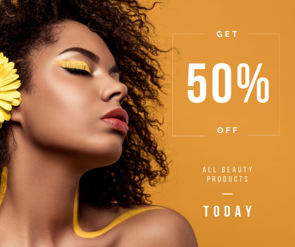 Beauty Products Ad with Woman with Yellow Makeup Facebook Modelo de Design
