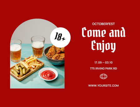 Plantilla de diseño de Anuncio de celebración de Oktoberfest con bocadillos y cerveza Invitation 13.9x10.7cm Horizontal 