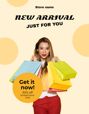 Ontwerpsjabloon van Poster 22x28in van lachende vrouw met kleurrijke shopping tassen
