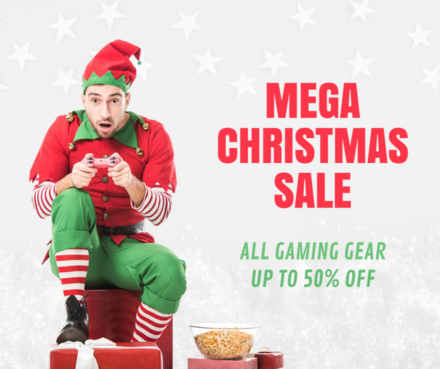 Christmas Sale Announcement with Funny Elf Facebookデザインテンプレート