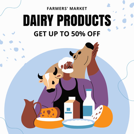 Plantilla de diseño de Oferta de descuento en lácteos con lindo granjero y vacas Instagram 