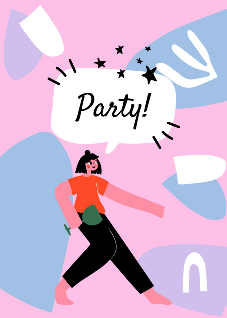 Ontwerpsjabloon van Postcard 5x7in Vertical van High-spirited Party Announcement With Dancing And Wine Glass