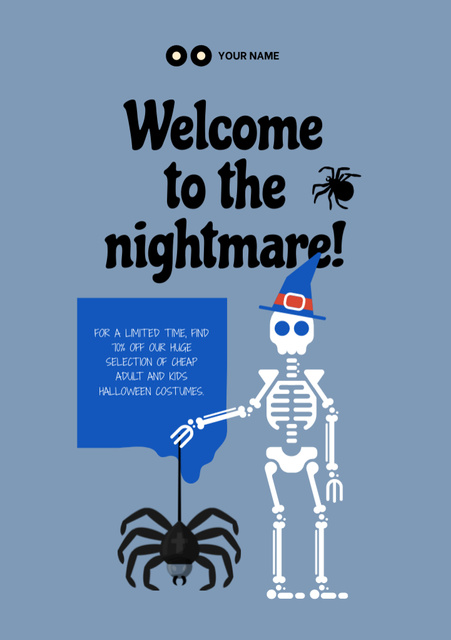 Funny Skeleton in Hat with Spider on Halloween Flyer A5 Design Template