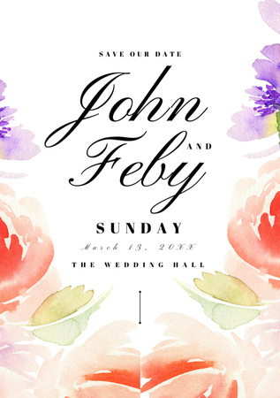 Wedding Invitation with Flowers Postcard A5 Vertical Design Template
