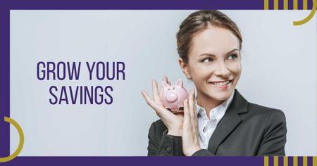 Businesswoman holding Piggy Bank Facebook AD tervezősablon