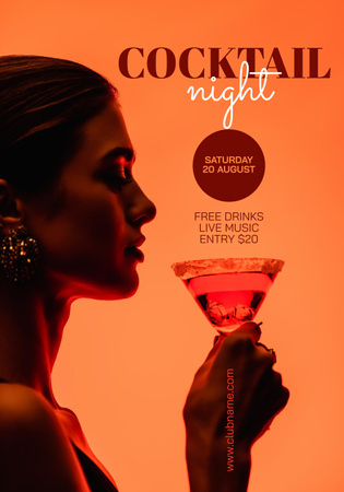 Cocktail Night Announcement with Girl holding Wineglass Poster 28x40in Design Template