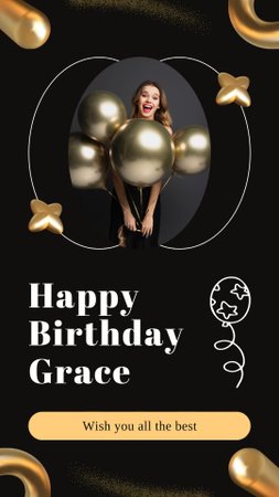 Happy Birthday Of Beautiful Woman with Golden Balloons Instagram Story Design Template