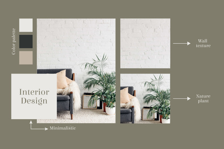 Designvorlage Innenarchitektur mit Pflanzen und Wandbeschaffenheit für Mood Board