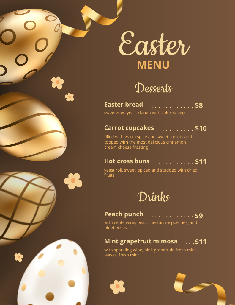 Easter Meals Offer with Painted Golden Eggs on Brown Menu 8.5x11in Šablona návrhu