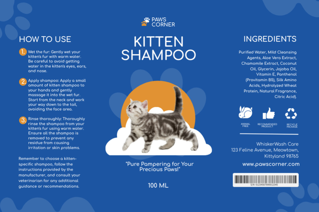 Designvorlage Chemicals-free Shampoo For Kittens Offer With Description für Label