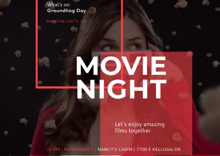 Movie Night Event Woman in 3d Glasses Postcard Design Template