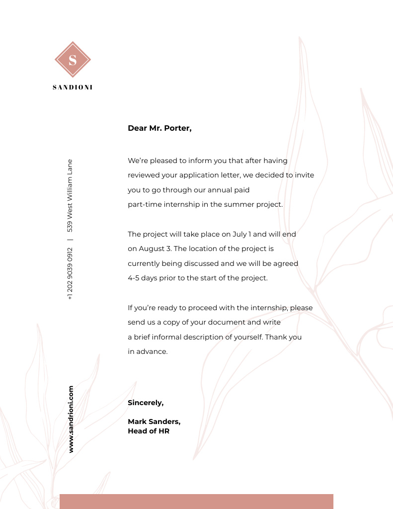 Business Company Internship Official Response Letterhead 8.5x11in Design Template