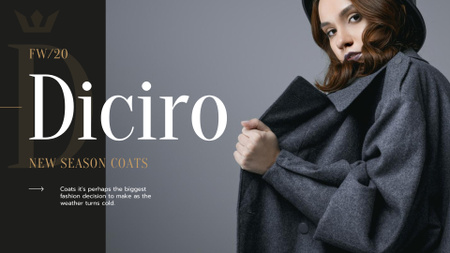 Platilla de diseño Fashion Collection Ad with Stylish Woman in Winter Clothes Presentation Wide