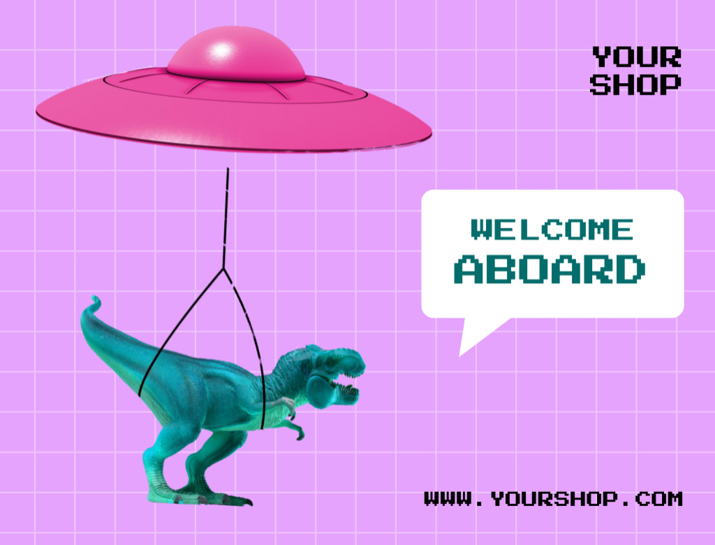 Funny Illustration Of Dinosaur Flying On UFO Postcard 4.2x5.5in Design Template