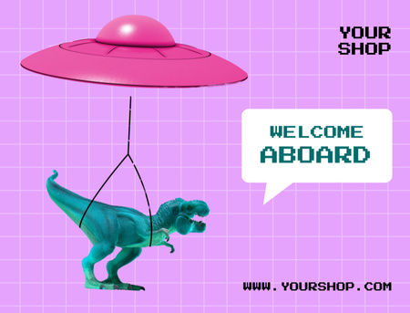 Ontwerpsjabloon van Postcard 4.2x5.5in van grappige illustratie van dinosaurus vliegen op ufo