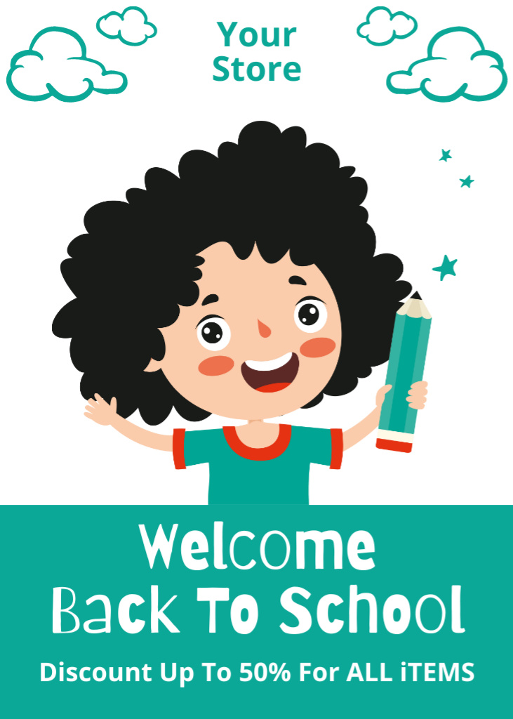 Offer Discounts on All School Items with Cute Cartoon Boy Flayer Design Template