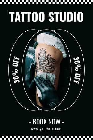 Plantilla de diseño de Impresionante estudio de tatuajes con oferta de descuento en negro Pinterest 
