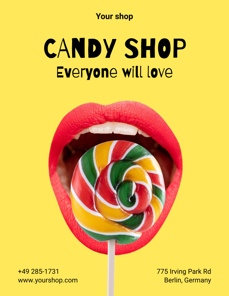 Sweet Lollipop Candies Shop Offer In Yellow Poster 8.5x11in Design Template