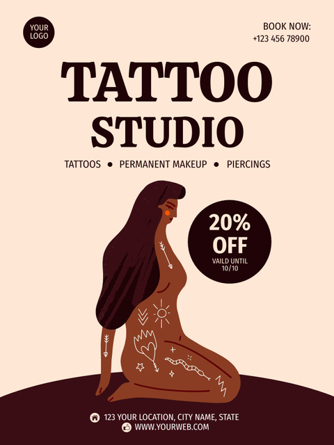 Tattooing And Piercing Services In Studio With Discount Poster US – шаблон для дизайну