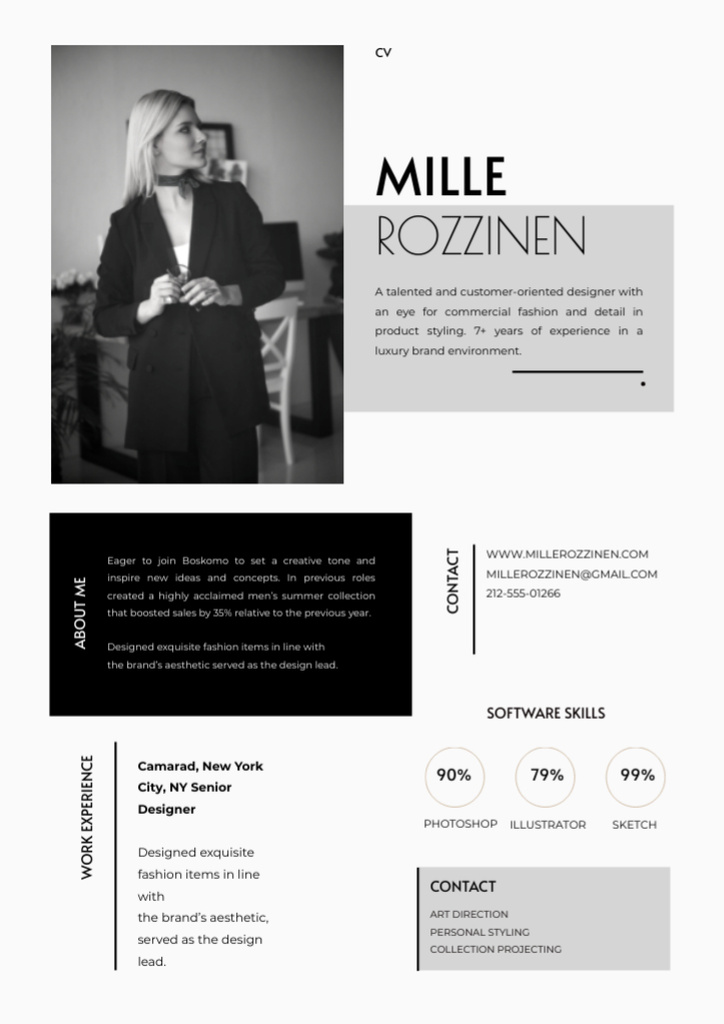 Resume For Fashion Designer in Black&White Style Resume Design Template