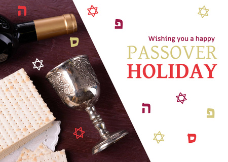 Happy Passover Holiday Greeting with Wine and Bread Postcard Tasarım Şablonu