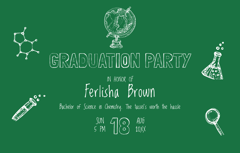 Designvorlage Graduation Party With Science Icons in Green für Invitation 4.6x7.2in Horizontal