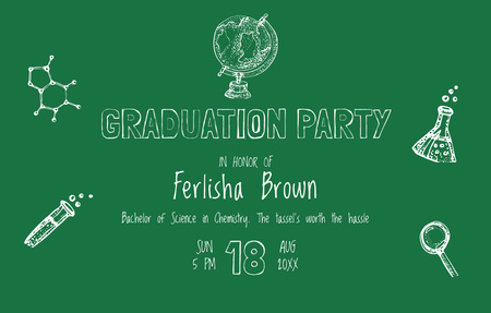 Graduation Party With Science Icons in Green Invitation 4.6x7.2in Horizontal Design Template