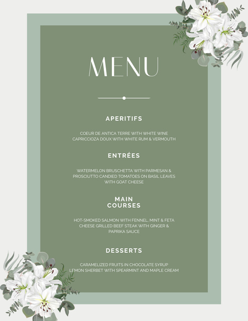 Green Floral Minimalist Wedding Food List Menu 8.5x11in Tasarım Şablonu