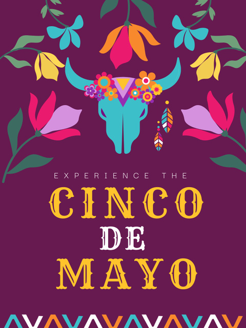 Cinco de Mayo Celebration with Bull Skull And Flowers Poster US Design Template