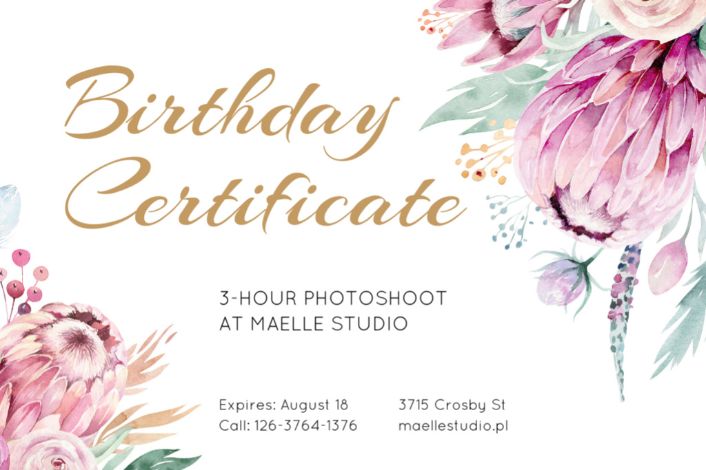 Photo Session Offer with Tender Watercolor Flowers Gift Certificate Design Template