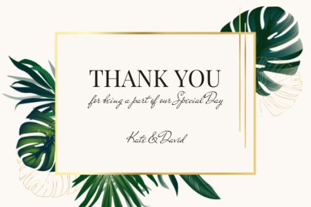 Wedding thank you card with Tropical Leaves Label Modelo de Design