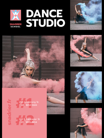 Designvorlage tanzstudio-werbung mit tänzerin in buntem rauch für Poster US