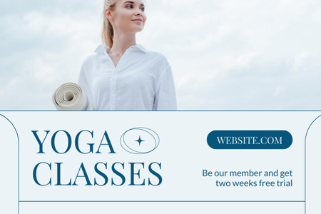 Designvorlage Yoga-Klassen-Promotion mit ruhiger junger Frau für Label