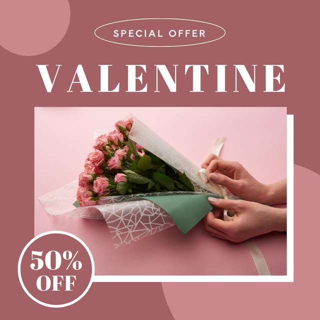 Valentine's Day Discount Offer for Beautiful Bouquet of Pink Roses Instagram AD Design Template