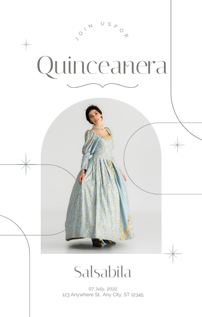 Ontwerpsjabloon van Invitation 4.6x7.2in van Announcement of Quinceañera Party Event With Awesome Dress