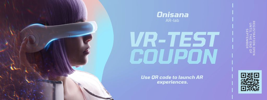 Ontwerpsjabloon van Coupon van Ad of VR-Test with Woman using Modern Glasses