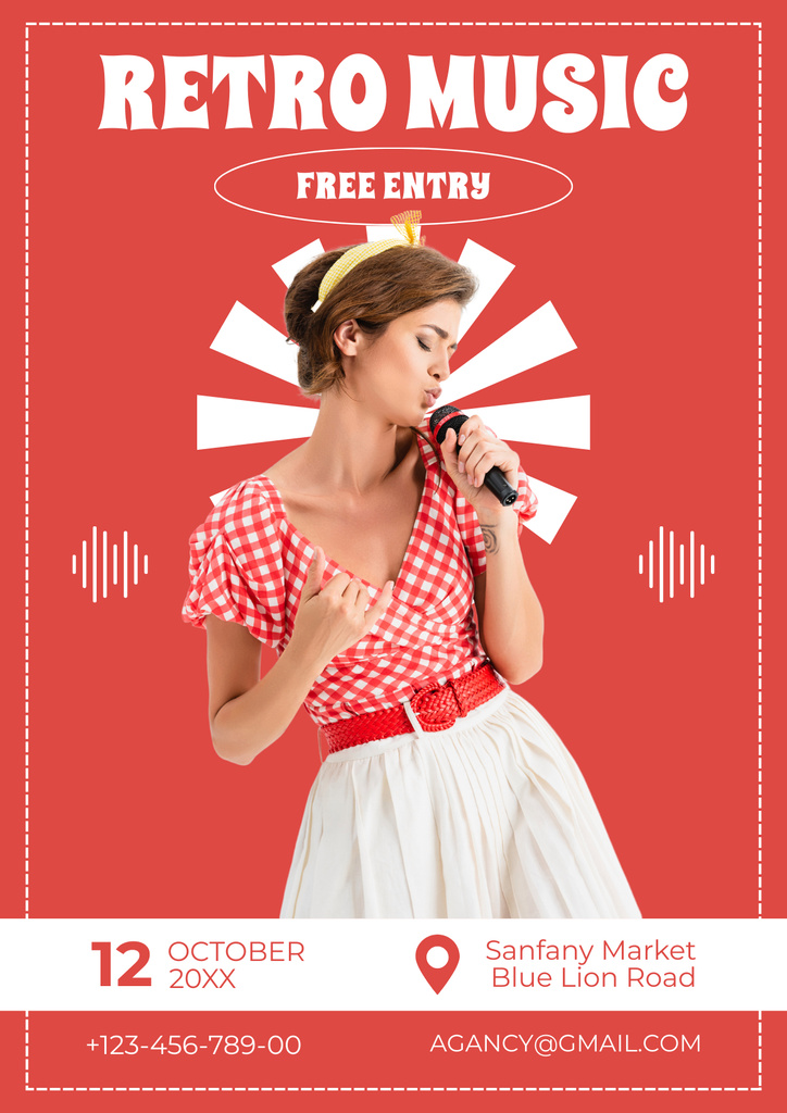 Retro Music Festival Announcement on Red Poster – шаблон для дизайна