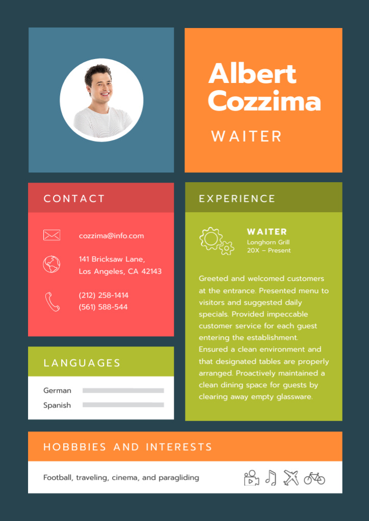 Template di design Professional Waiter skills and experience Resume
