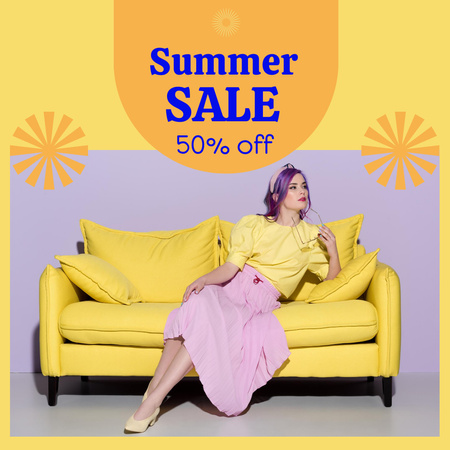 Summer Sale with Charming Girl on Yellow Sofa Instagram Design Template