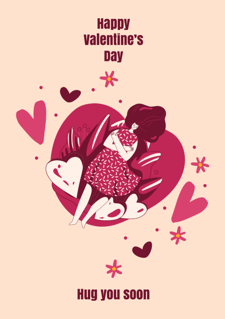 Happy Valentine's Day With Cute Illustration And Hearts Postcard A5 Vertical Tasarım Şablonu