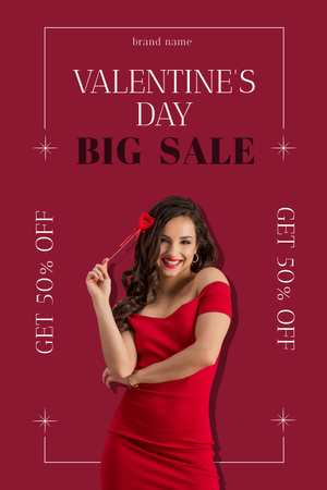 Valentine's Day Discount Offer with Brunette in Red Pinterest Design Template