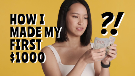 Plantilla de diseño de mujer asiática feliz contando ganancias YouTube intro 