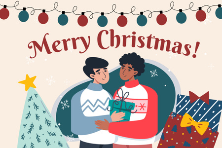 Cute Gay Couple Celebrating Christmas Postcard 4x6in Design Template
