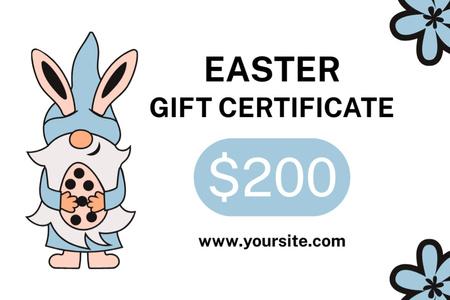 Easter Holiday Offer with Cute Gnome Holding Easter Egg Gift Certificate Design Template