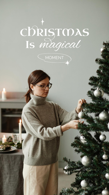 Designvorlage Woman decorating Christmas Tree at Home für Instagram Story
