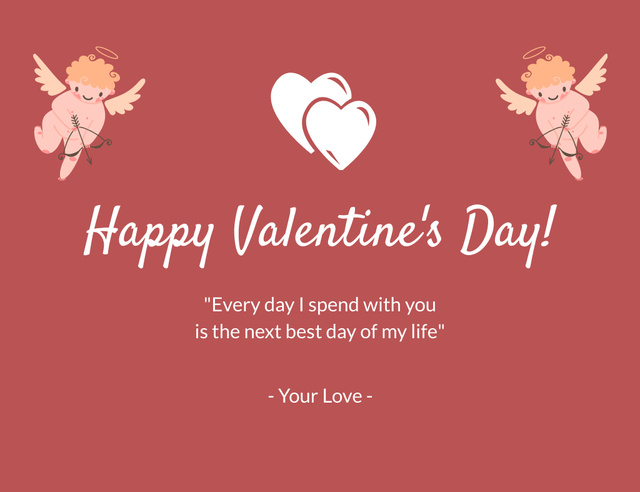 Romantic Happy Valentine's Day Greeting with Cute Cupids Thank You Card 5.5x4in Horizontal Modelo de Design
